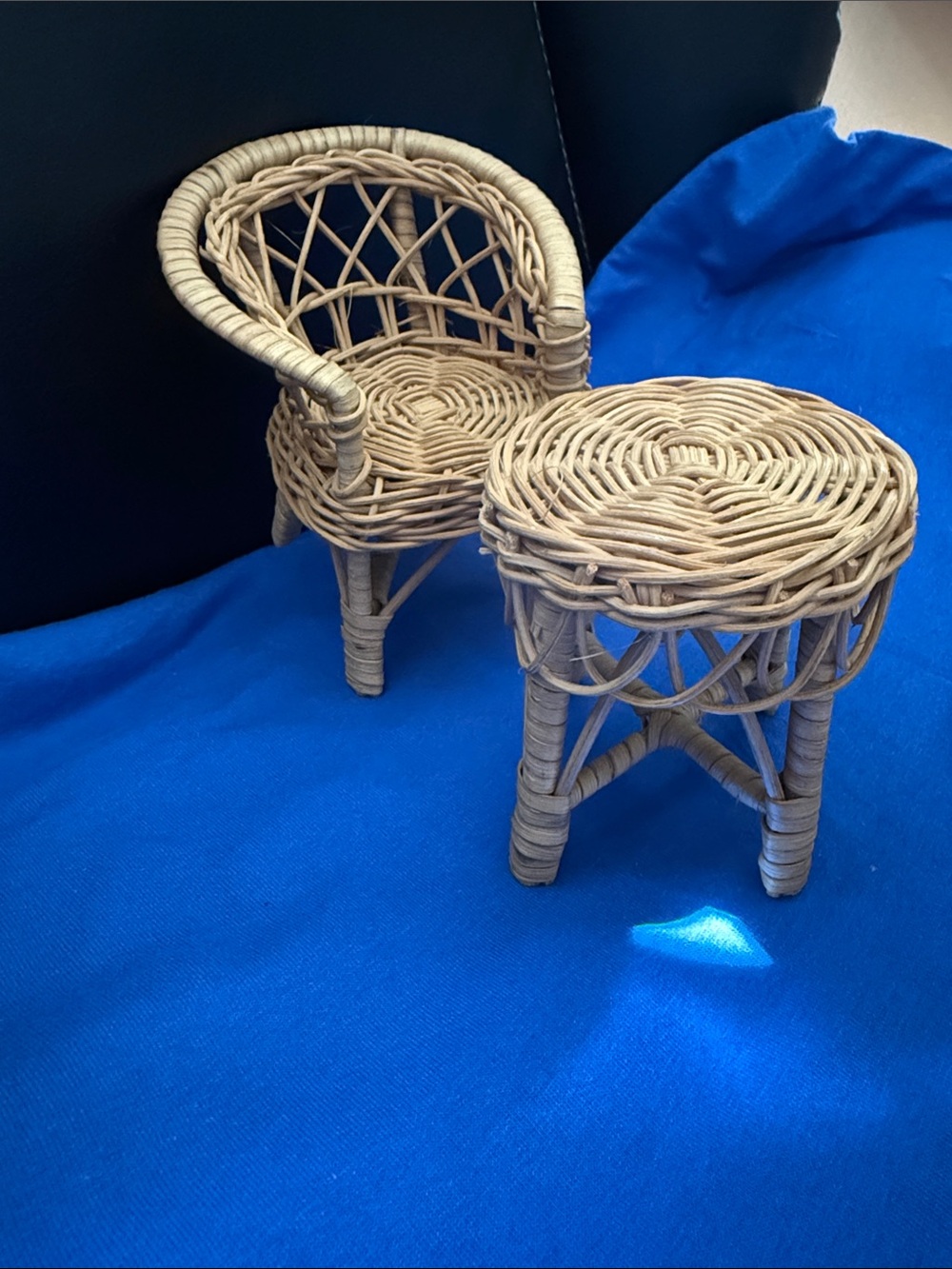 Natural Rattan Mini Chair & Stool Set - Neutral Wicker Accent